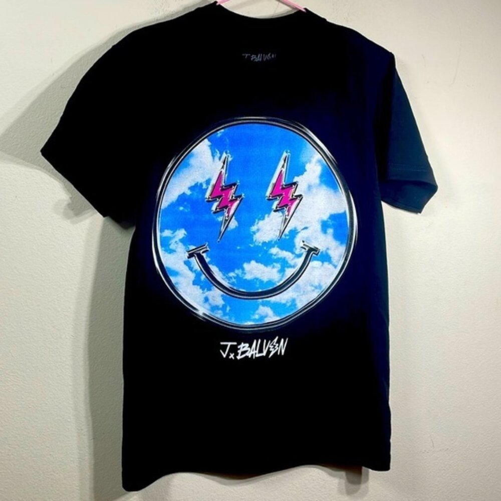 (P) J Balvin Concert Tour T-Shirt Sizes L,M,S Black Smiley Face Men's‎ Lightning